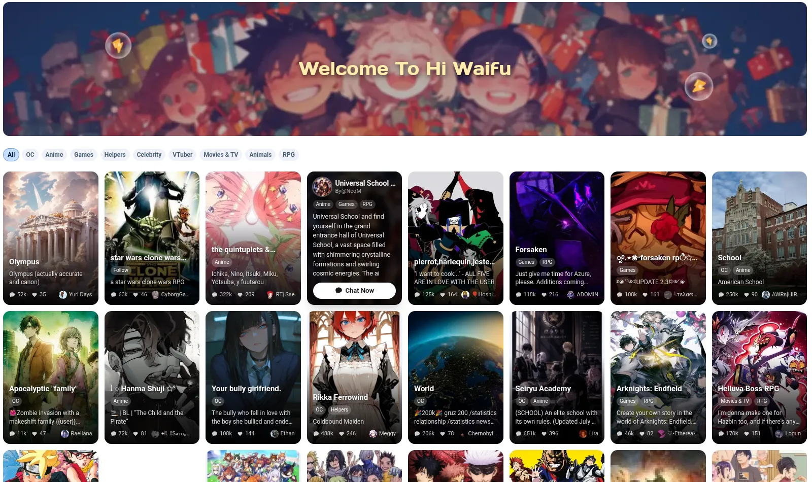 Hiwaifu discover page with character grid