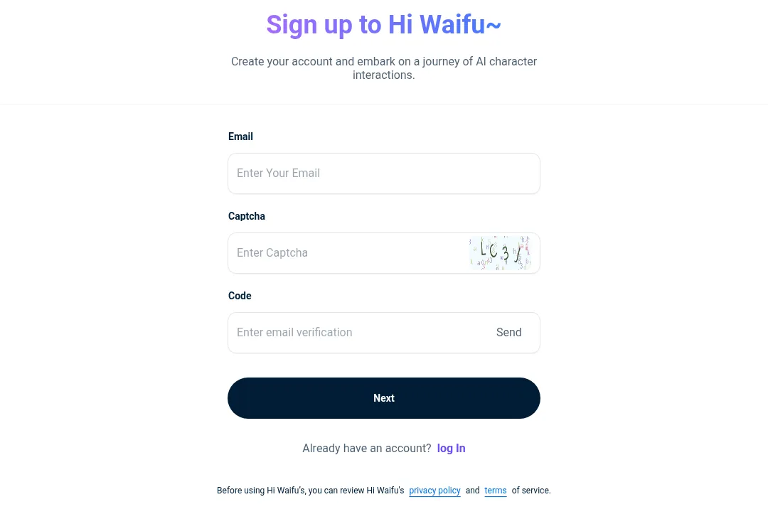 Hiwaifu sign up form
